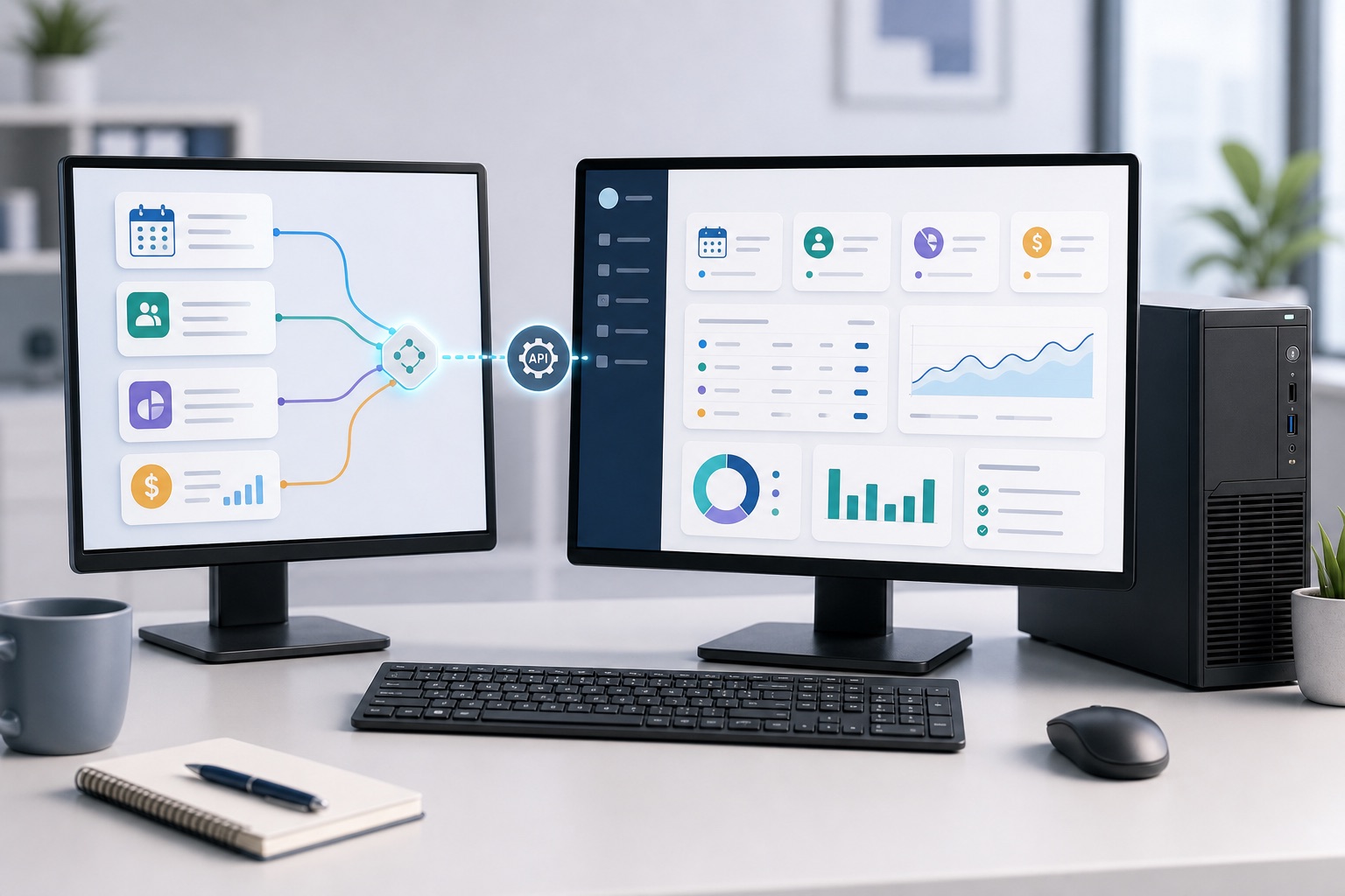 Illustration of desktop PC monitors showing accounting, booking, CRM and calendar tools connected into one dashboard.