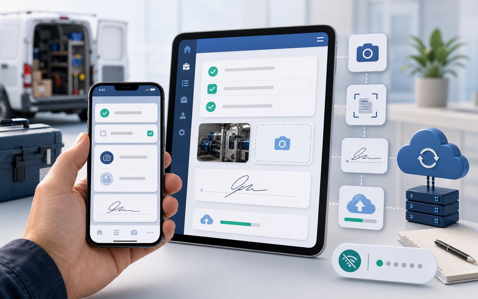 Illustration of a mobile app workflow with checklists, photo capture, scanning and sync.