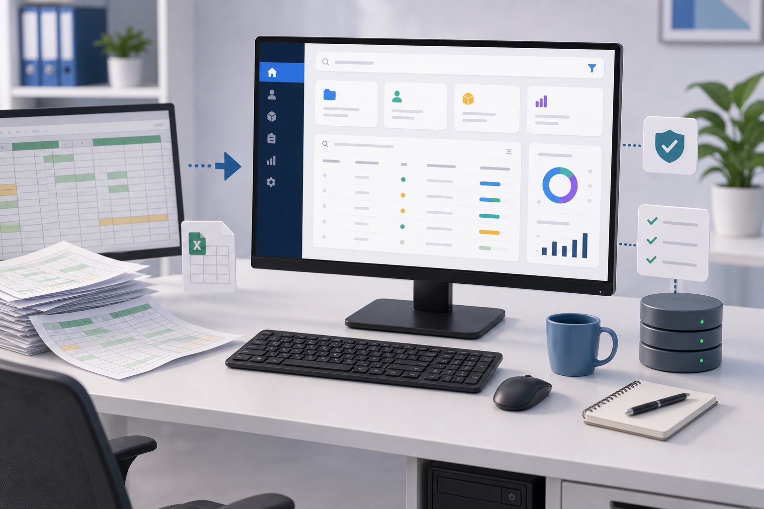 Illustration of a desktop PC monitor, keyboard and spreadsheet papers being turned into a secure stockroom web app dashboard.