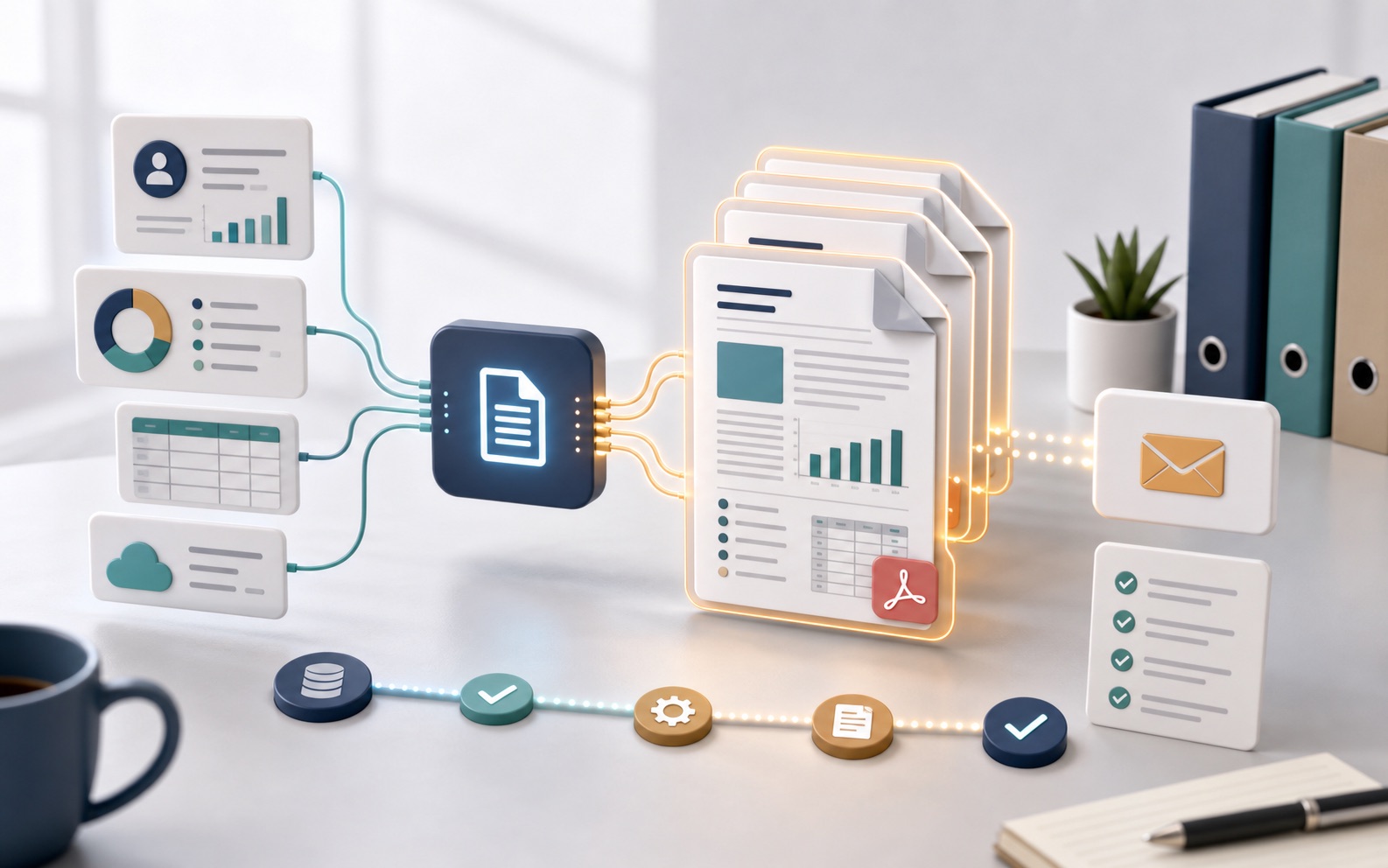 Illustration of data flowing into generated reports, PDF documents and email-ready outputs.