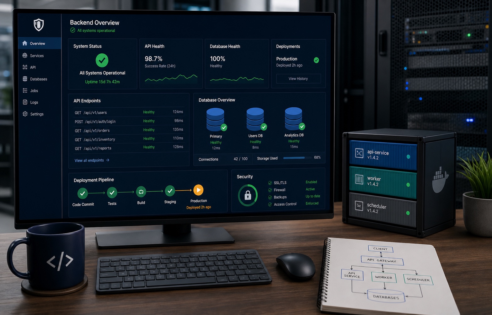 Secure hosting, data storage and monitoring elements connected to a business dashboard.
