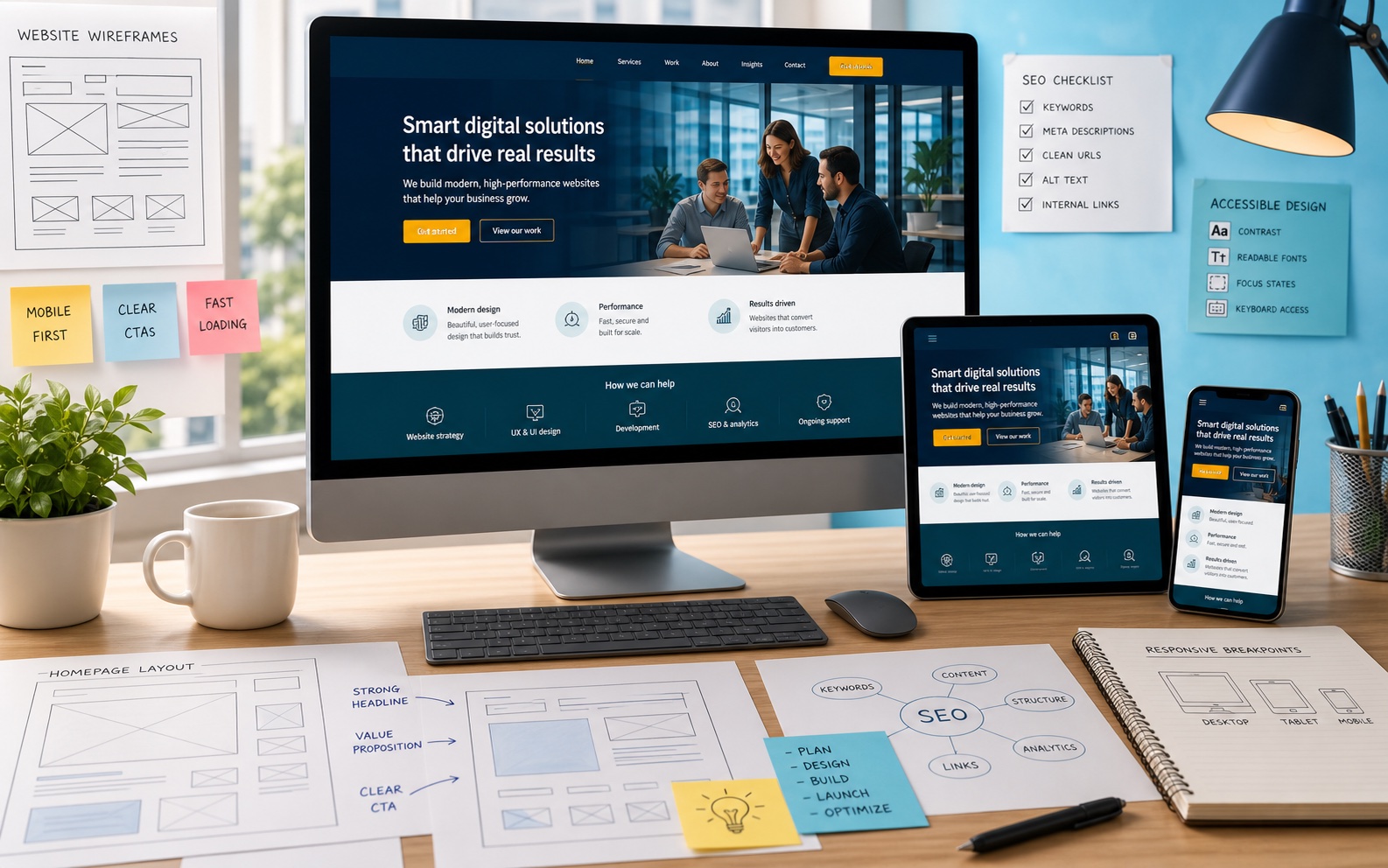 Responsive modern website screens shown across desktop, tablet and phone.