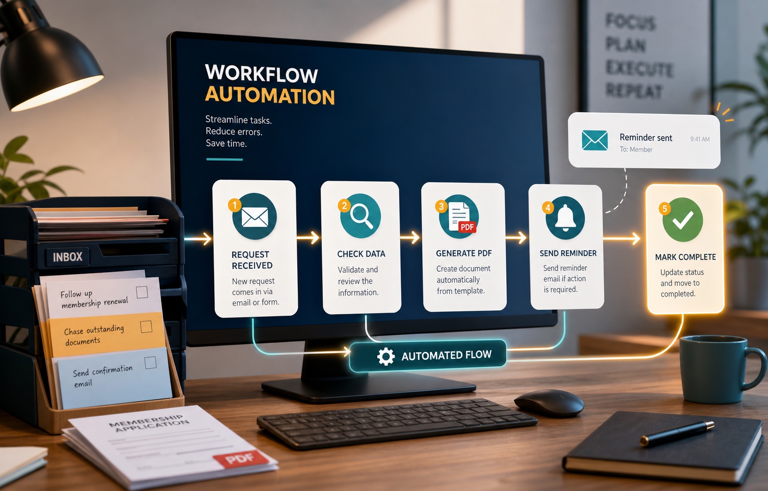 Workflow automation nodes and report cards connected to a business dashboard.